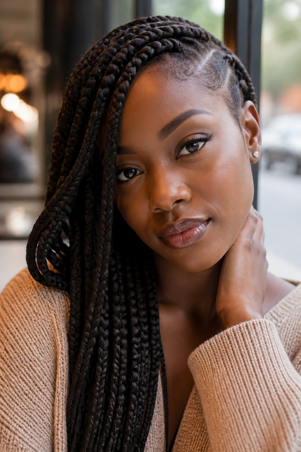 Real woman with side-swept Ghana braids and deep side part in cafe setting