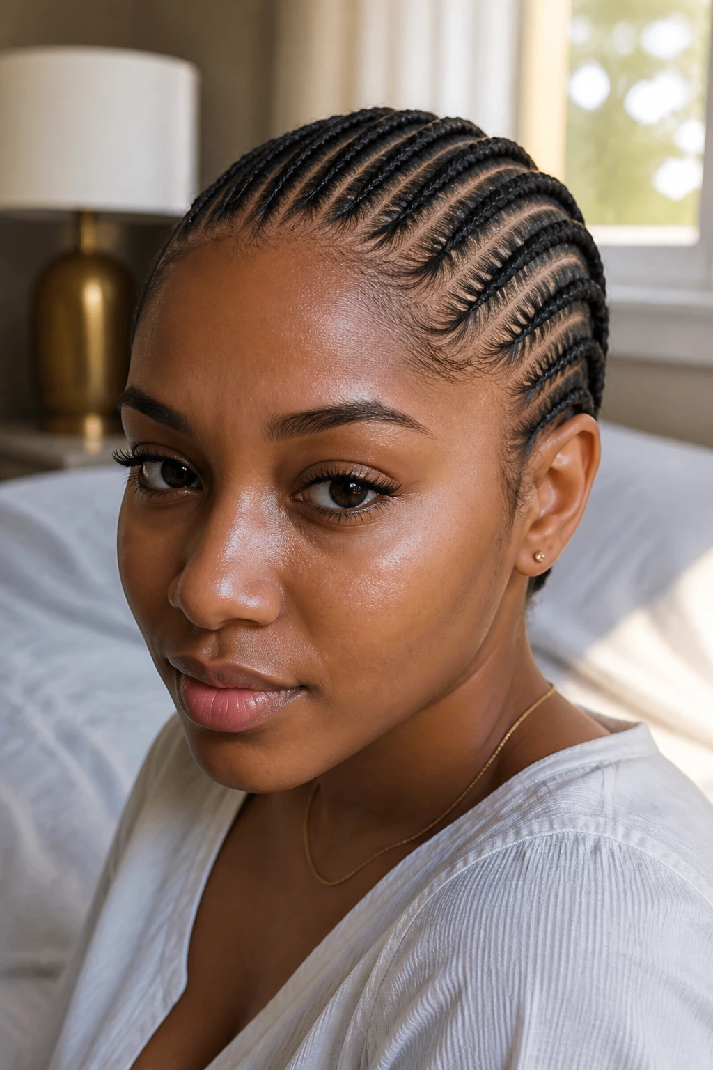 Close-up of a real woman with straight-back Ghana braids from hairline to nape
