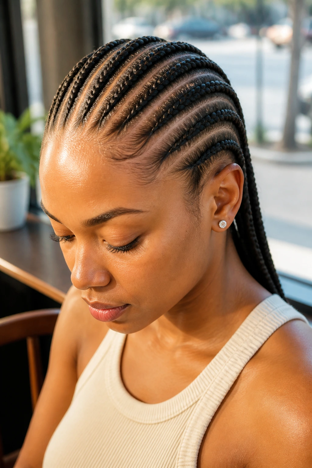 Close-up of straight-back Ghana braids on a real woman's head in a cafe setting