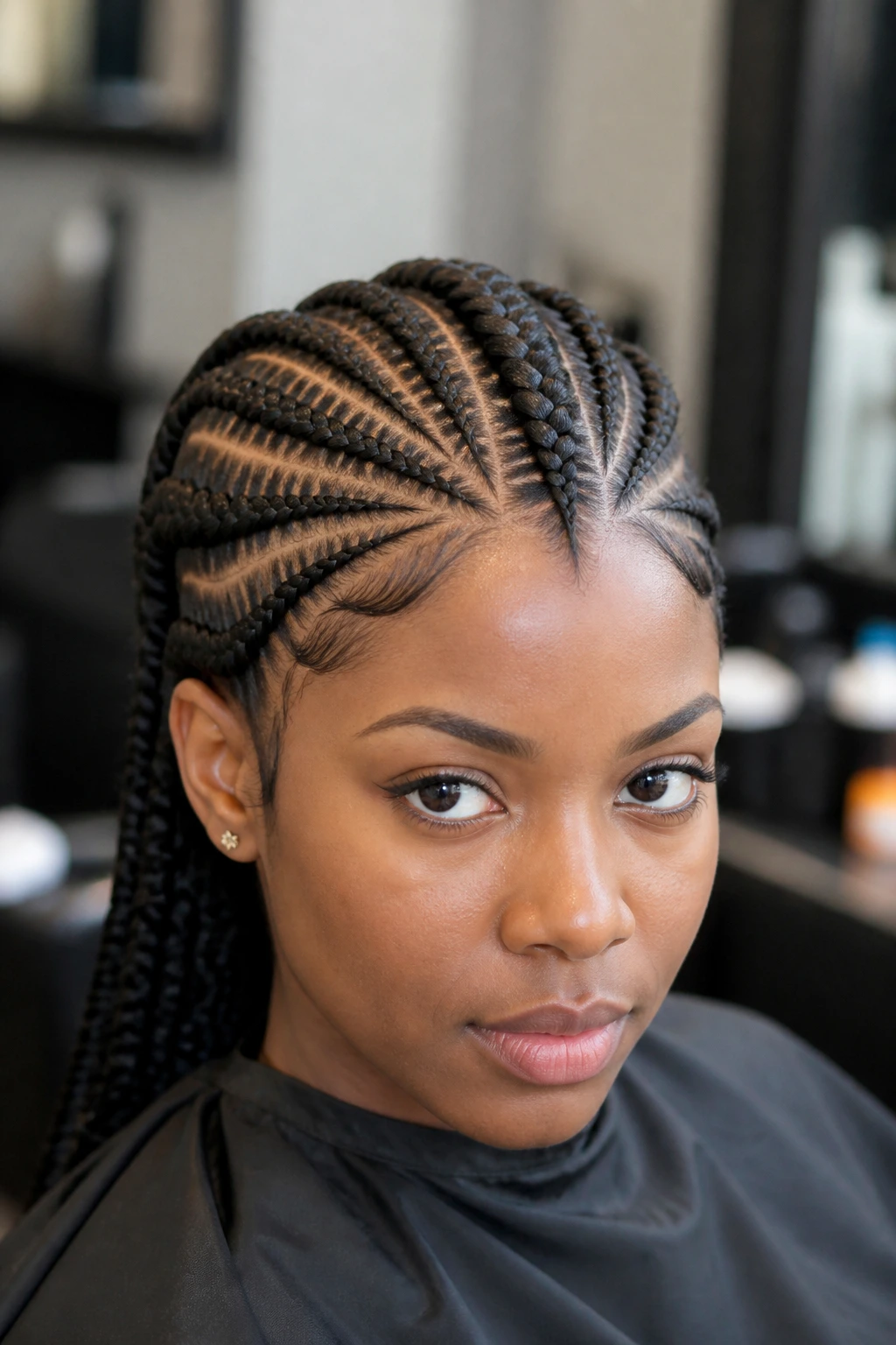 Close-up of a real woman with tribal-inspired front pattern Ghana braids