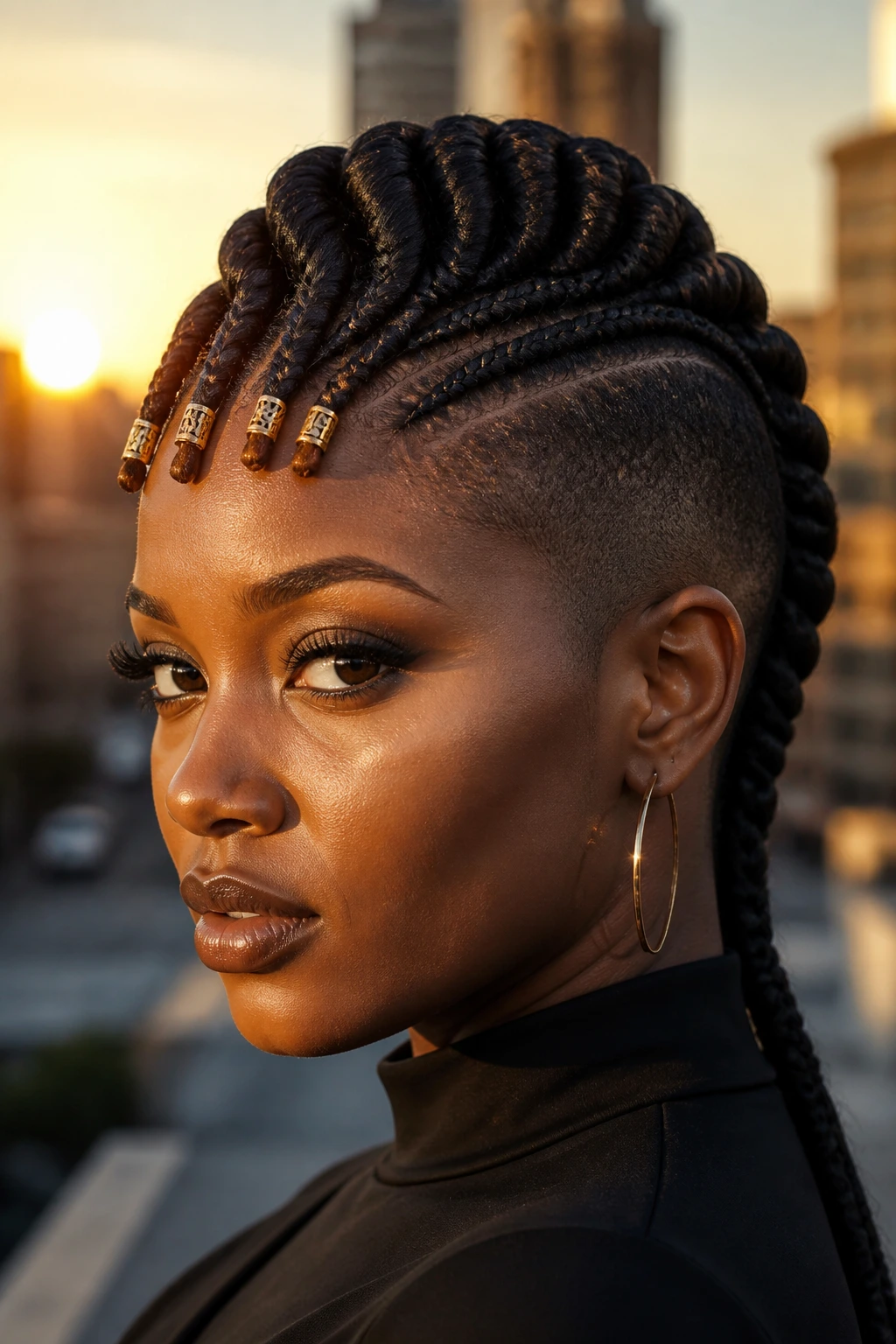 Close-up of a woman with a braided Ghana faux-hawk and front beads