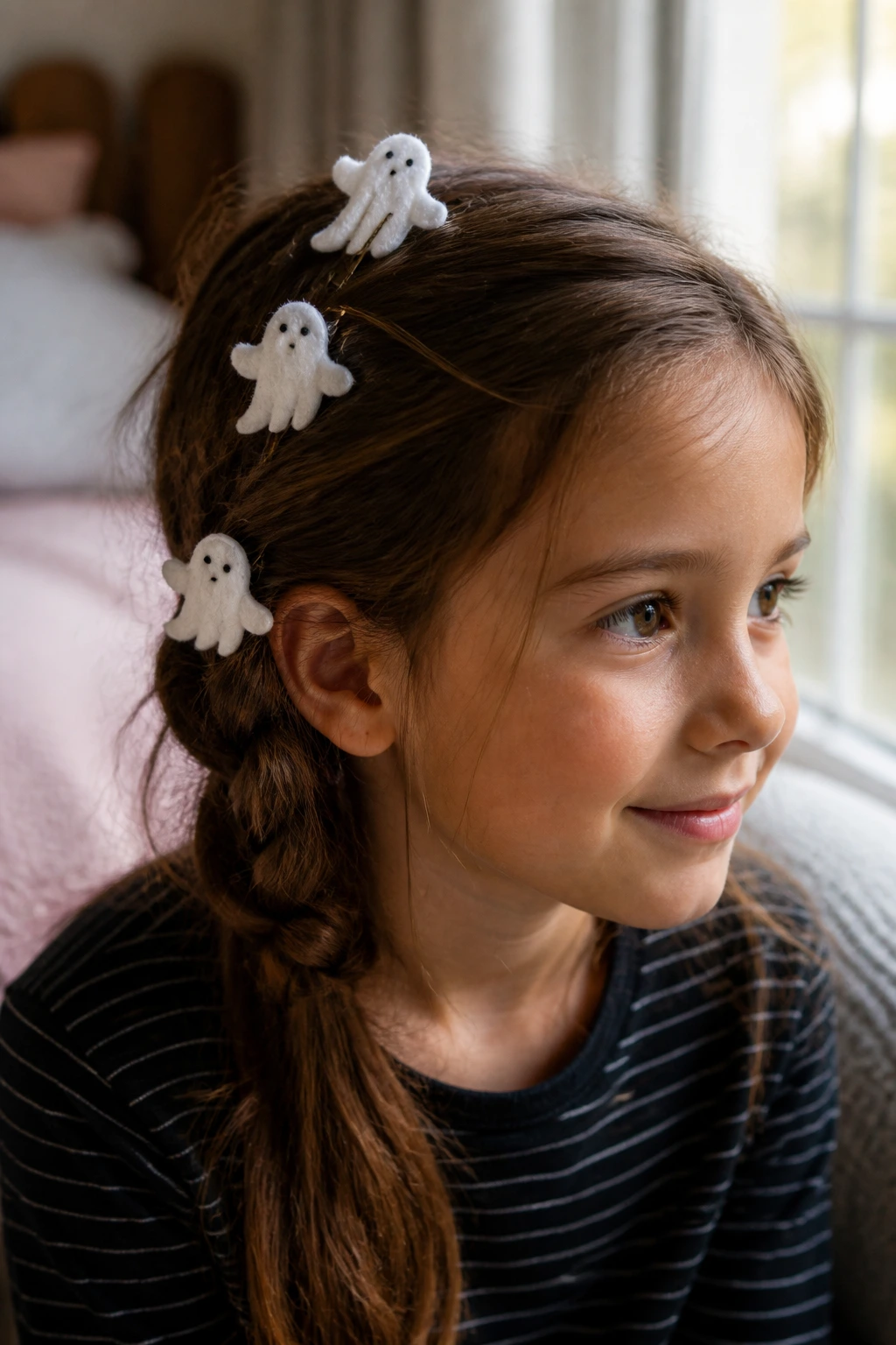 Close-up of a child with white ghost bobby pins floating in hair