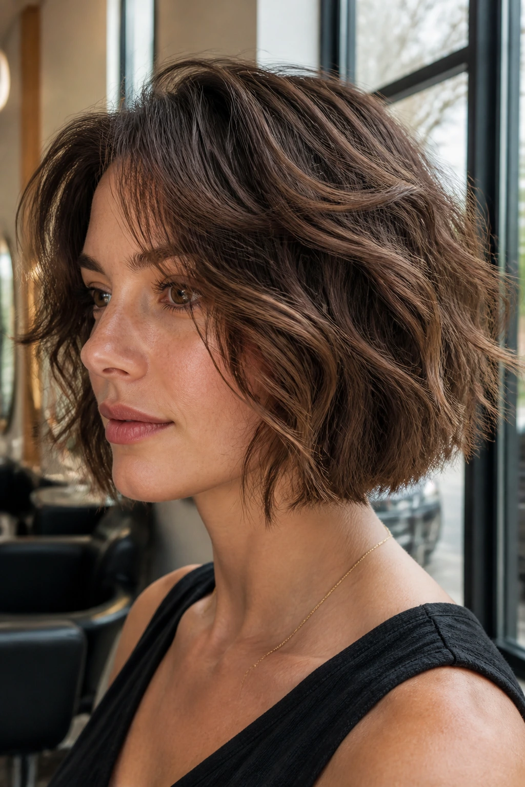 Close-up of a real person with ghost-layer wavy bob in natural salon light