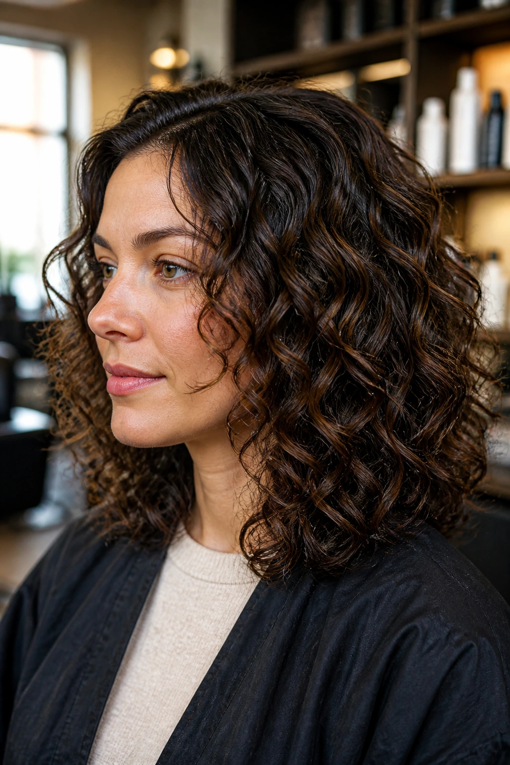 Close-up portrait of a woman with shoulder-length curls showing ghost layer technique