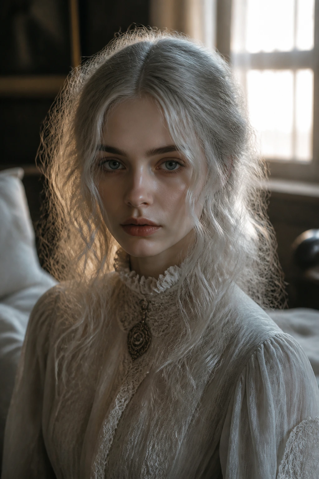 Close-up portrait of a real woman with ethereal wispy waves in fine hair