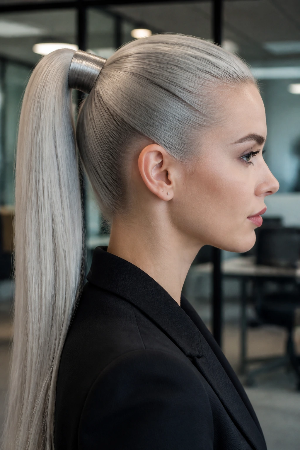Close-up portrait of a real woman with a ghostly pale sleek high pony