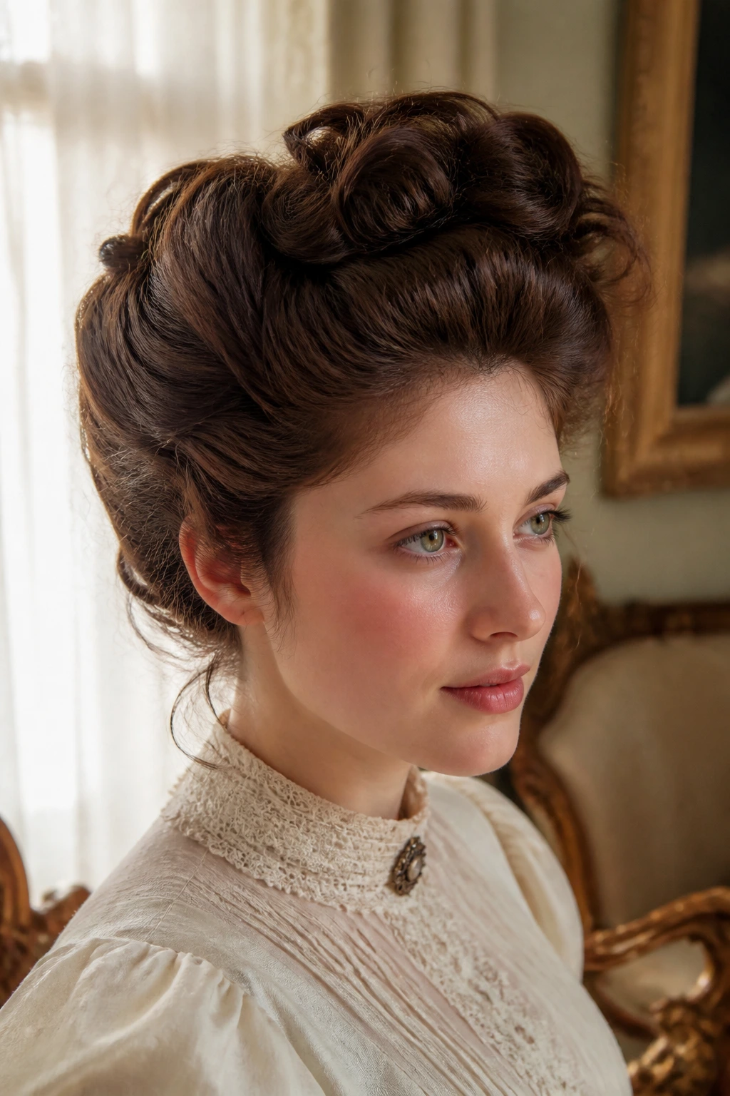 Close-up of a real woman with a Gibson Girl pompadour hairstyle.