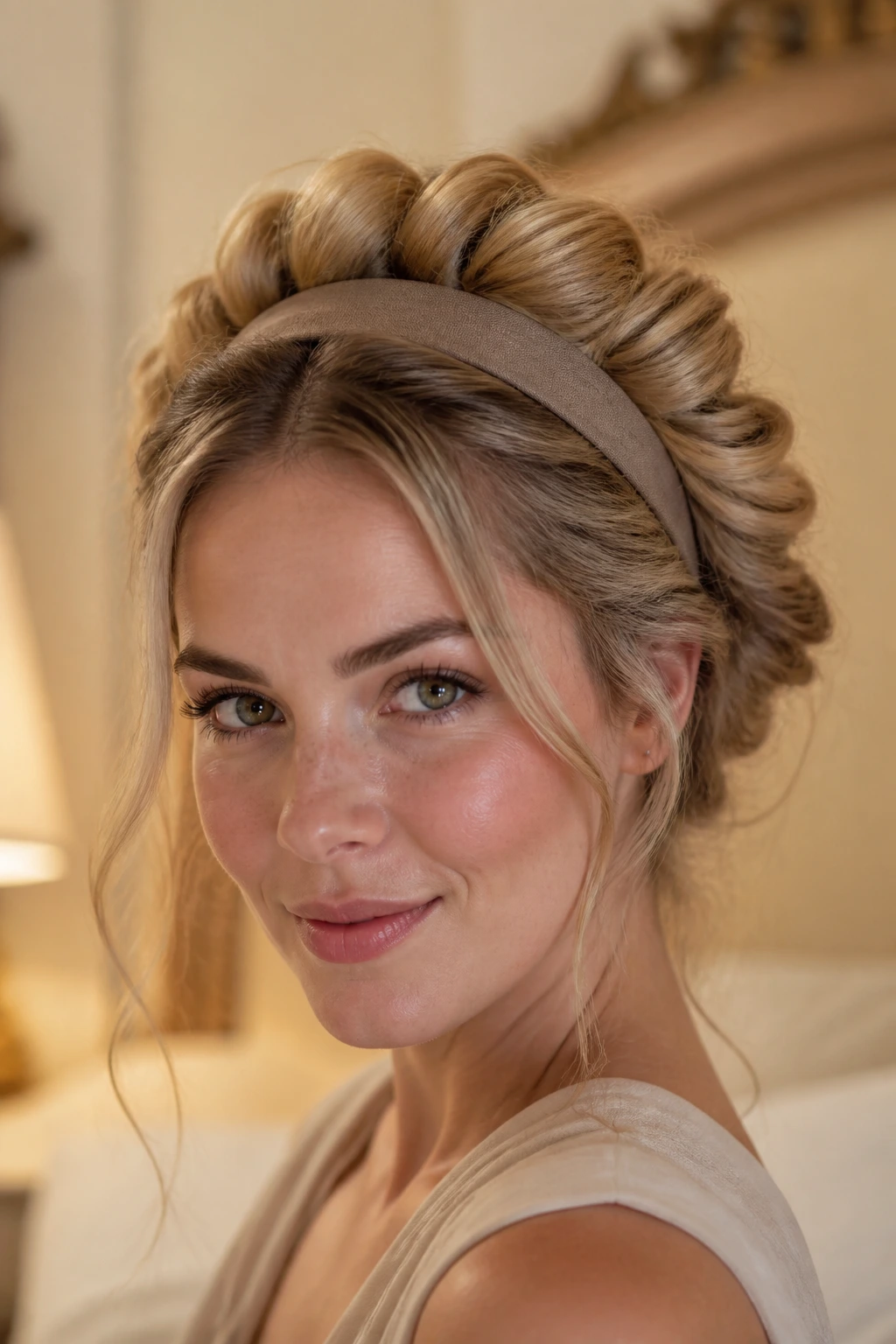 Close-up of a real woman with a Gibson Girl roll hairstyle using a stretchy headband