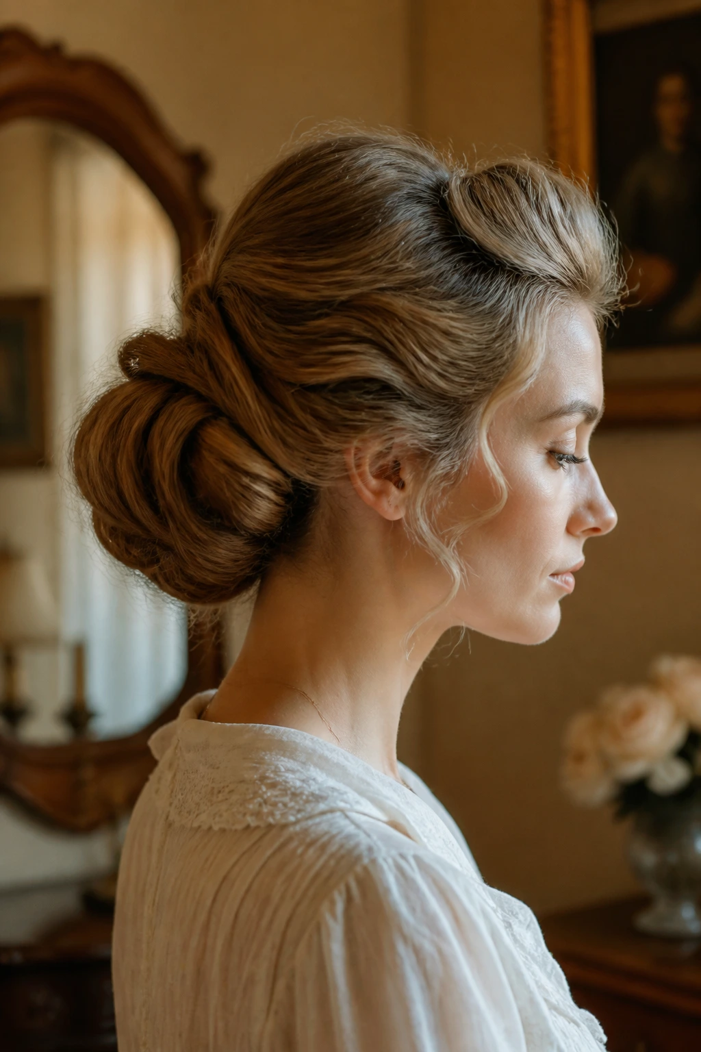 Profile view of a real woman with a Gibson Girl inspired Quick-Roll updo