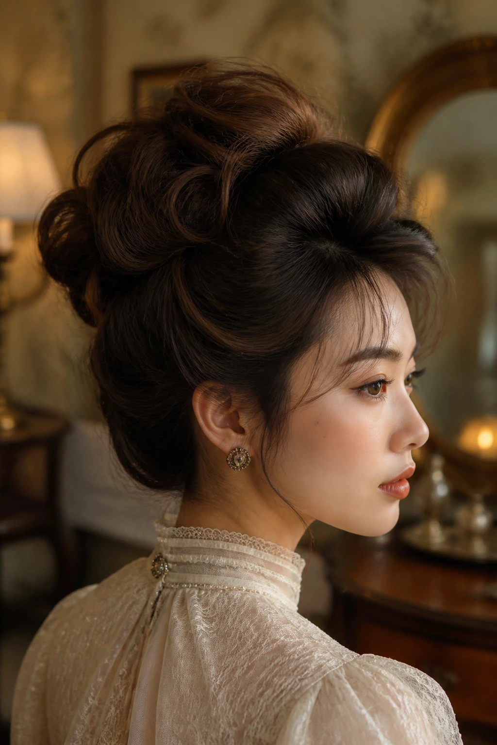 Portrait of woman with Gibson Girl updo.