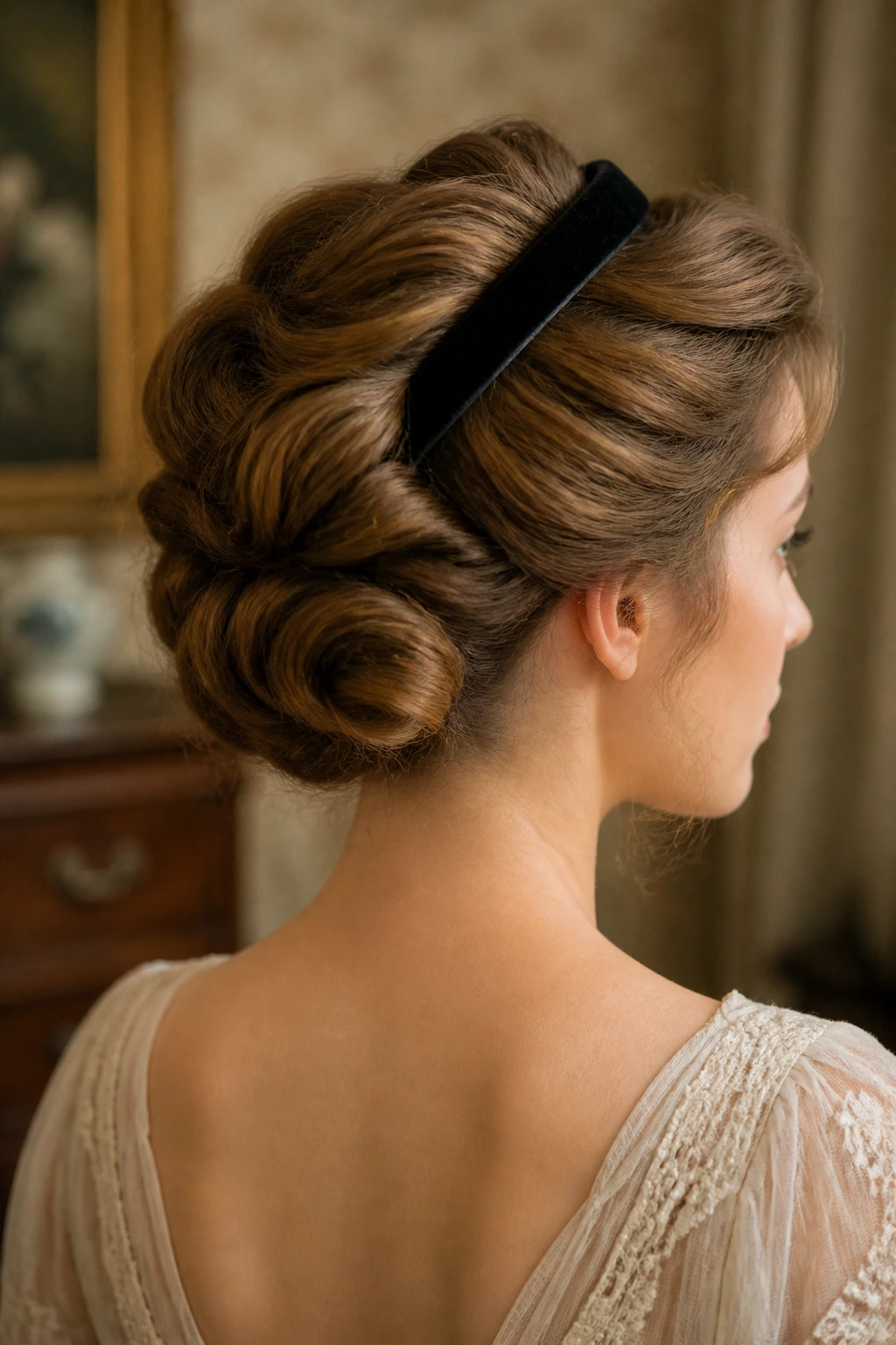 Back and side view of Gibson Girl rolled hair with velvet band on a real person
