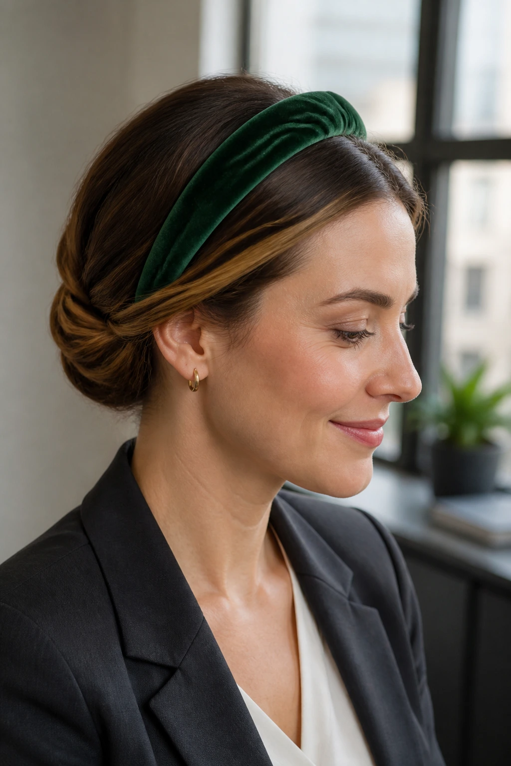 Close-up of a real woman with the Gibson tuck under forest green velvet headband in an office setting