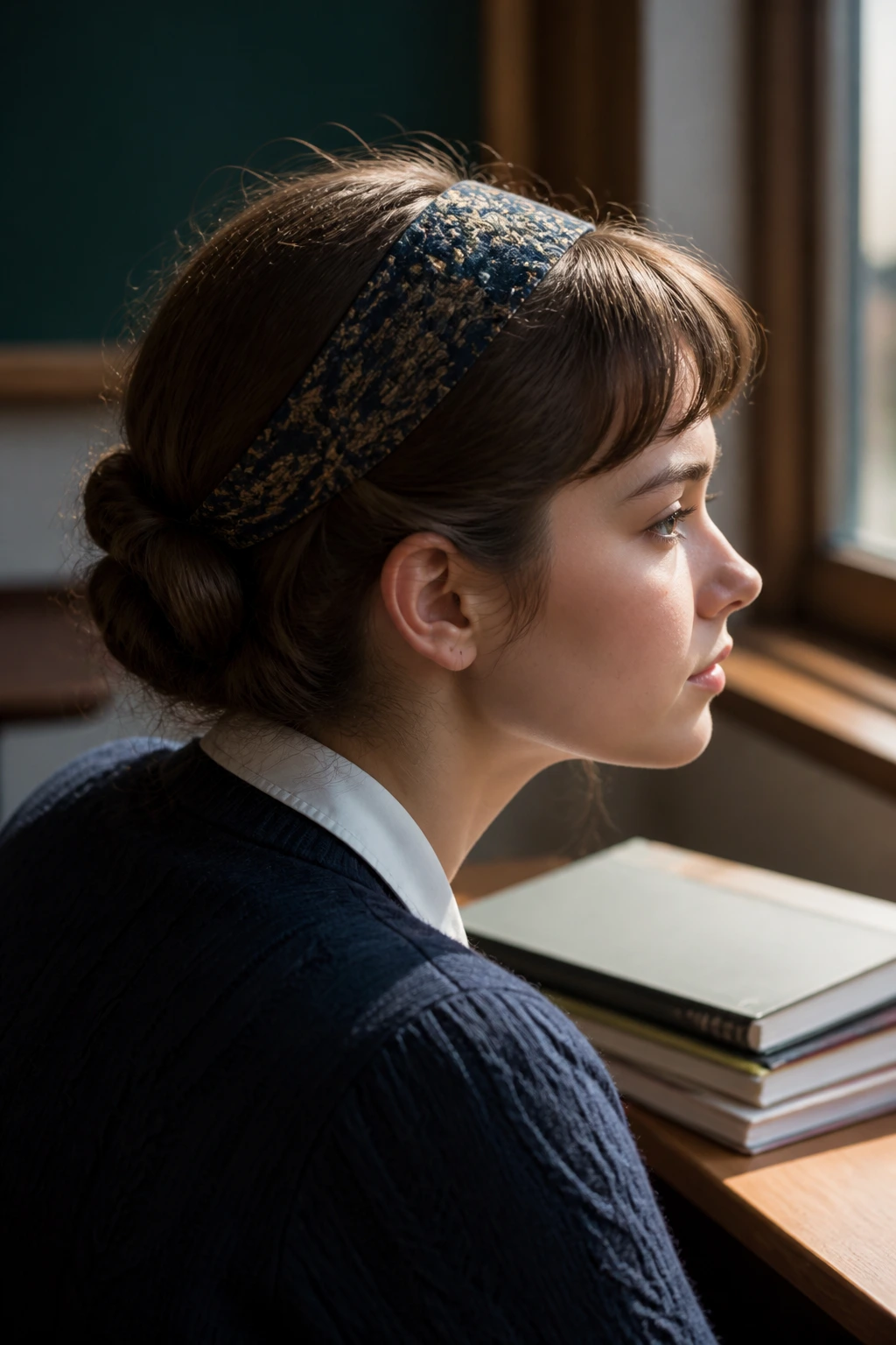 Close-up of a real student wearing Gibson tuck headband in a classroom