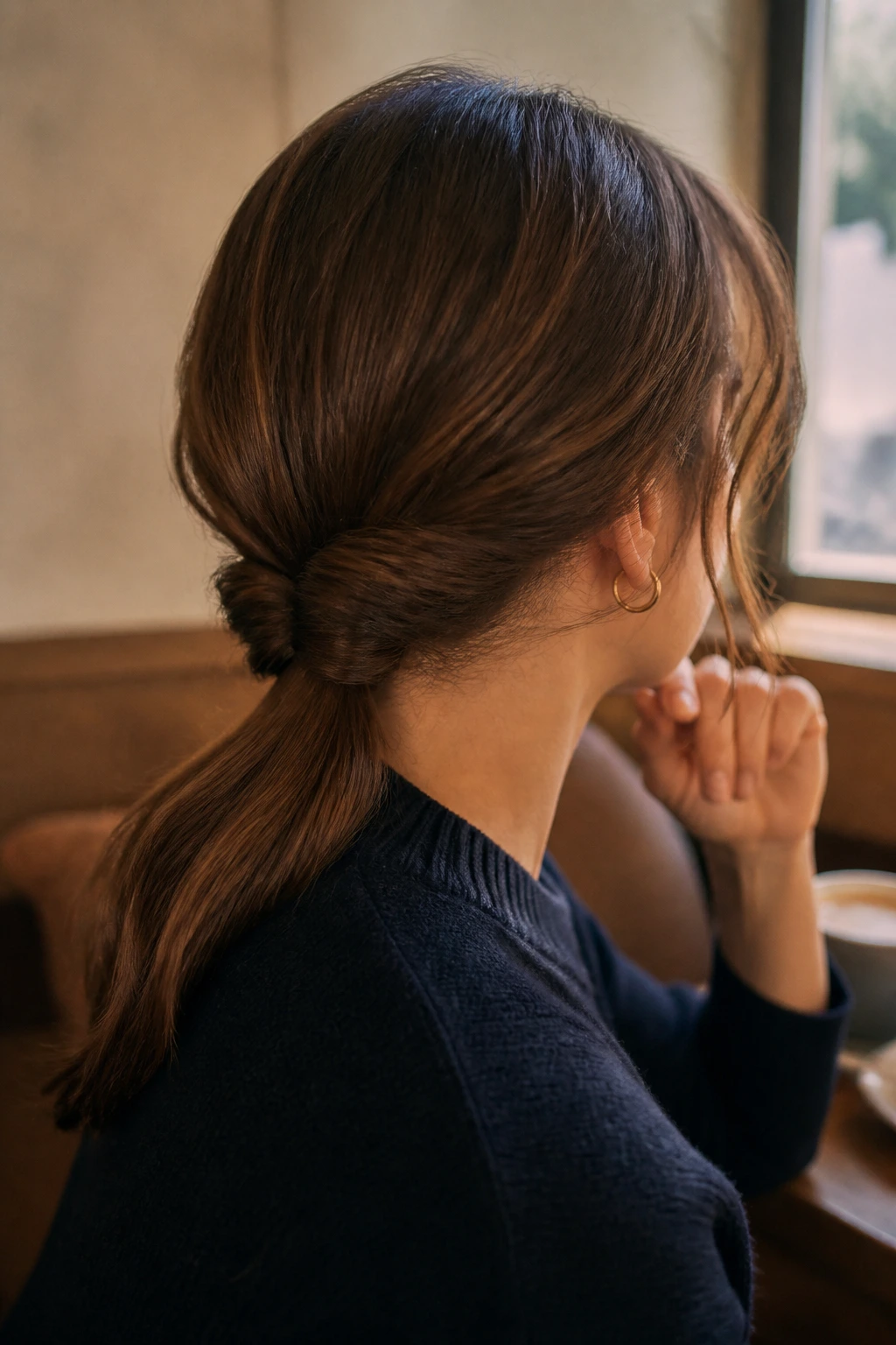 Rear three-quarter view of a real person showing a Gibson tuck knot at the nape.