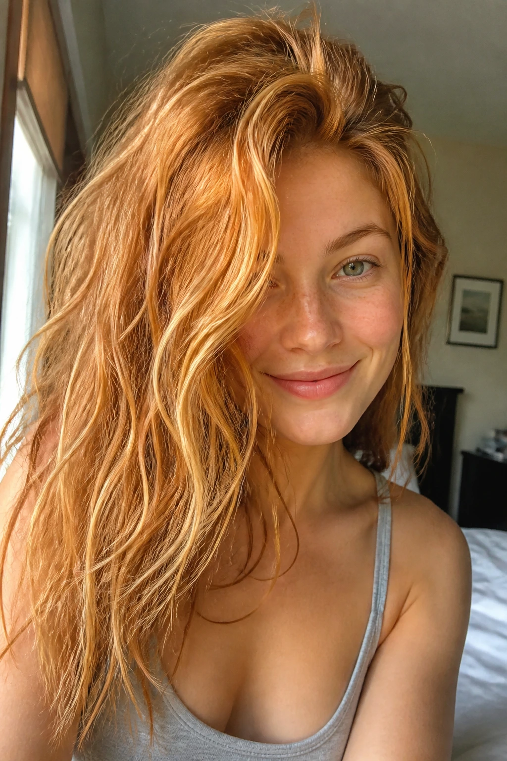 Close-up of a real person with ginger-gold fusion highlights in tousled hair