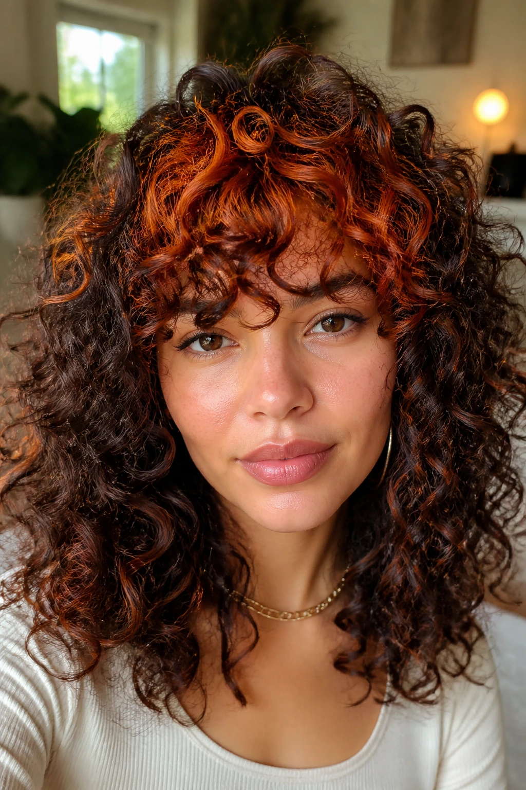 Close-up of a real woman with voluminous curls and bright ginger fringe highlights