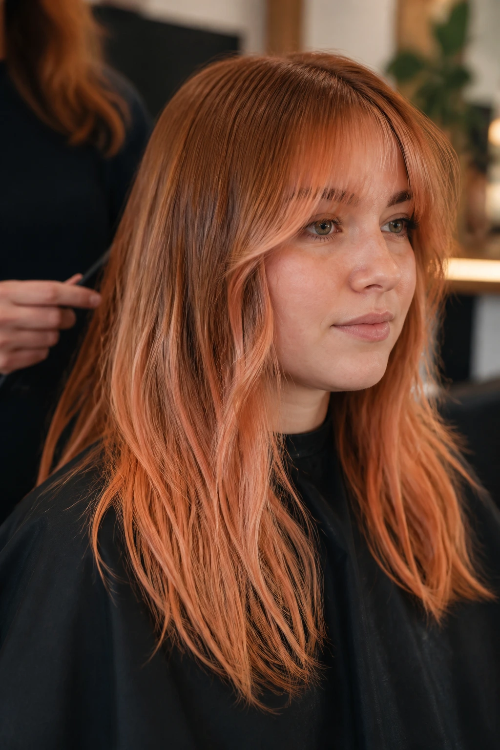 Close-up portrait of a woman with ginger peach balayage and tapered curtain fringe