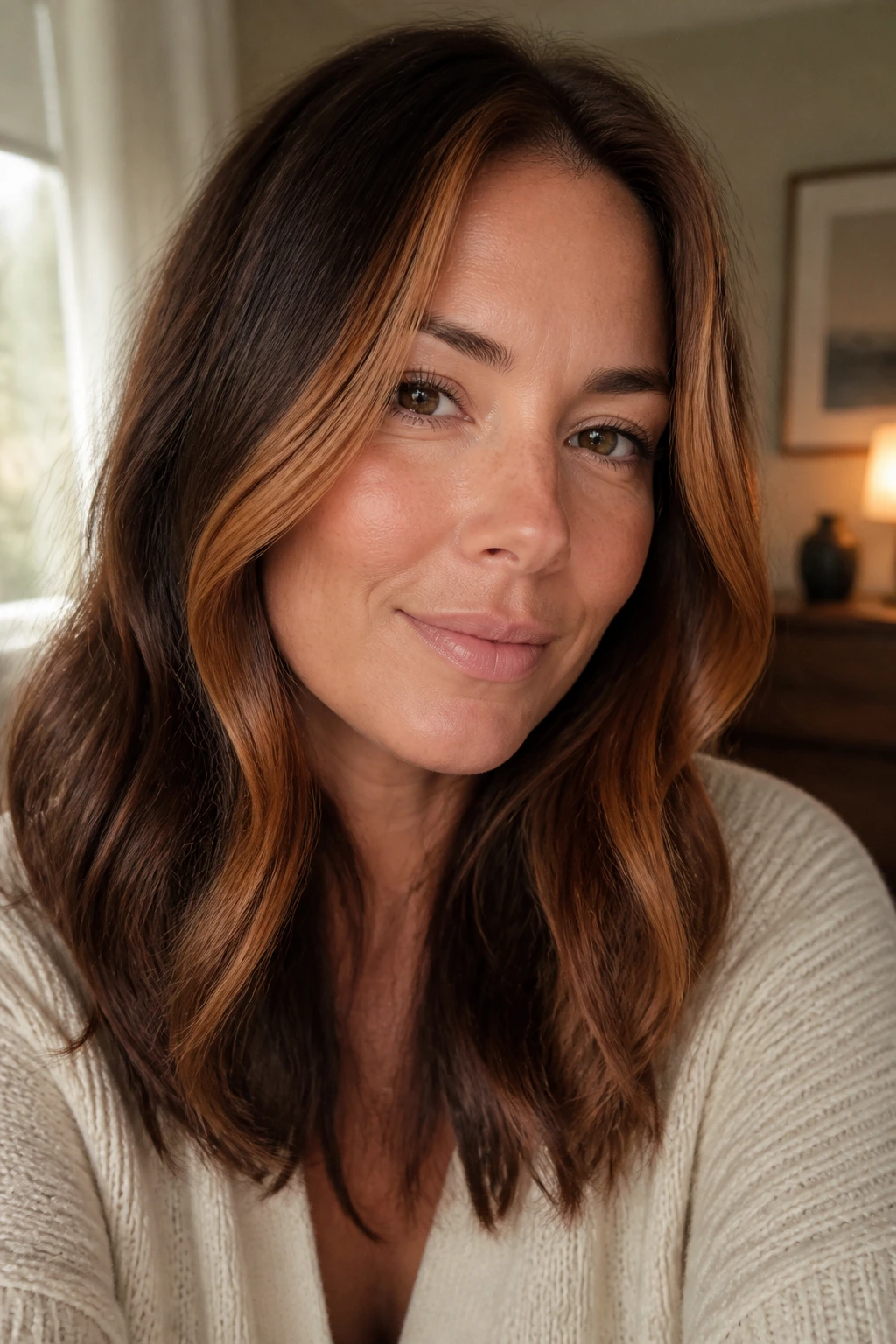 Close-up of real woman with ginger face-framing ribbons in soft window light