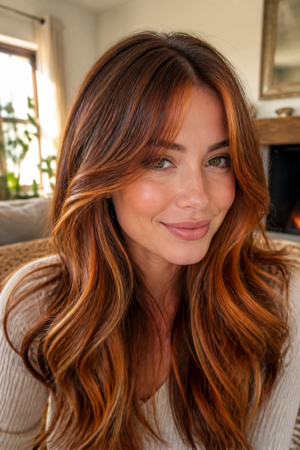 Close-up portrait of a real woman with spicy ginger framing ribbons and curtain bangs