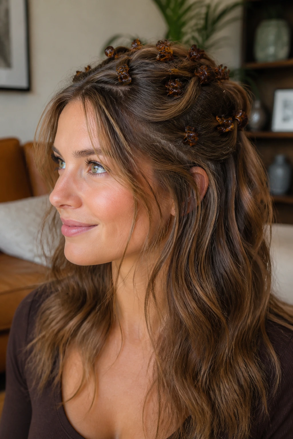 Real woman with small brown-toned clips arranged like giraffe spots on half-up hair.