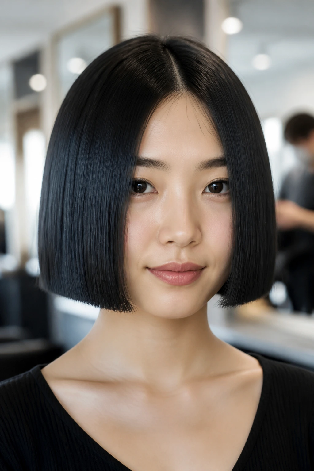 Close-up portrait of a real woman with a jaw-length jet-black blunt bob