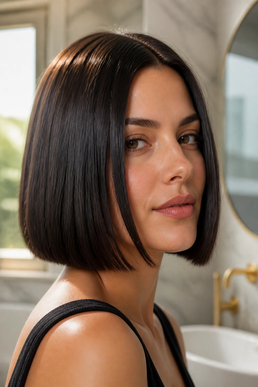 Close-up portrait of a real woman with a glass-smooth blunt bob in warm bathroom light.