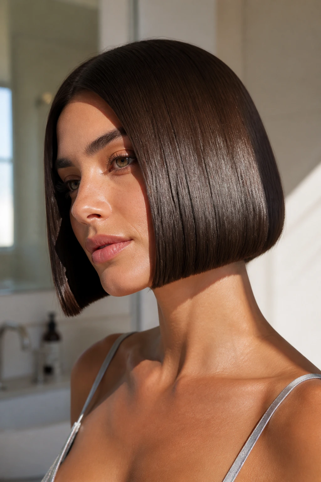 Close-up of a real woman with a blunt chin-length glass bob and extreme shine