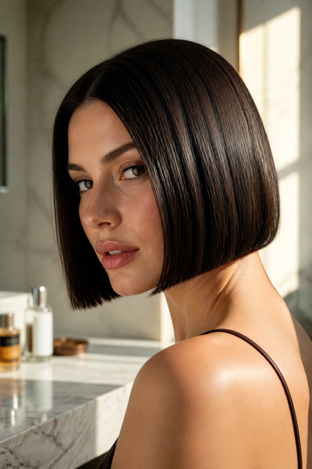 Close-up of sleek glass bob with mirror-like shine on real person in a bathroom