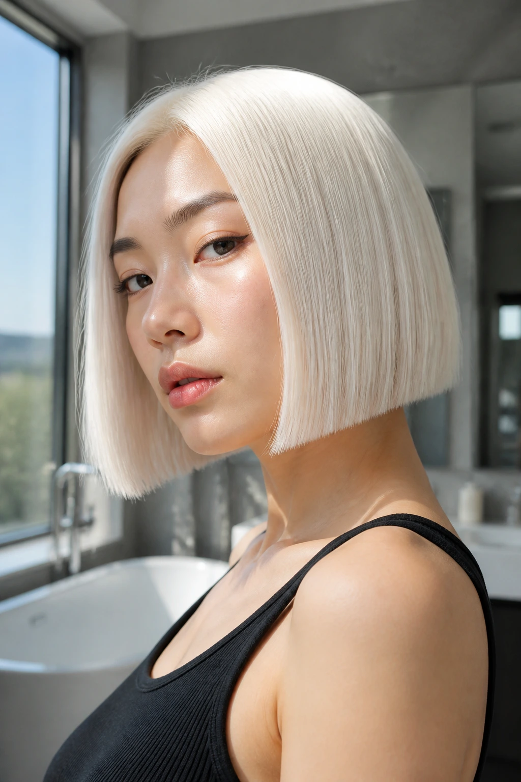 Close-up of Asian woman with sleek platinum glass bob hairstyle