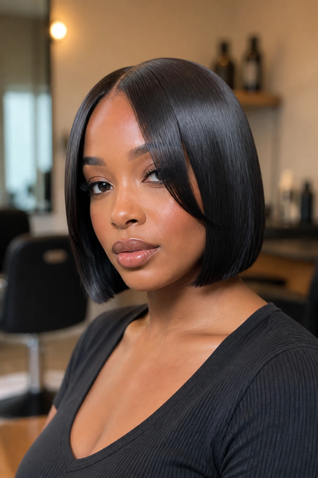 Close-up of a real woman with a mirror-like glass bob reflecting light in a salon
