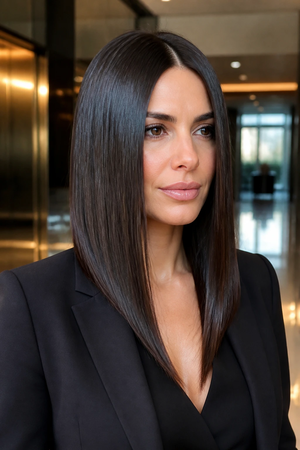 Close-up of a real woman with a sleek glass-hair angled cut and glossy finish in a lobby