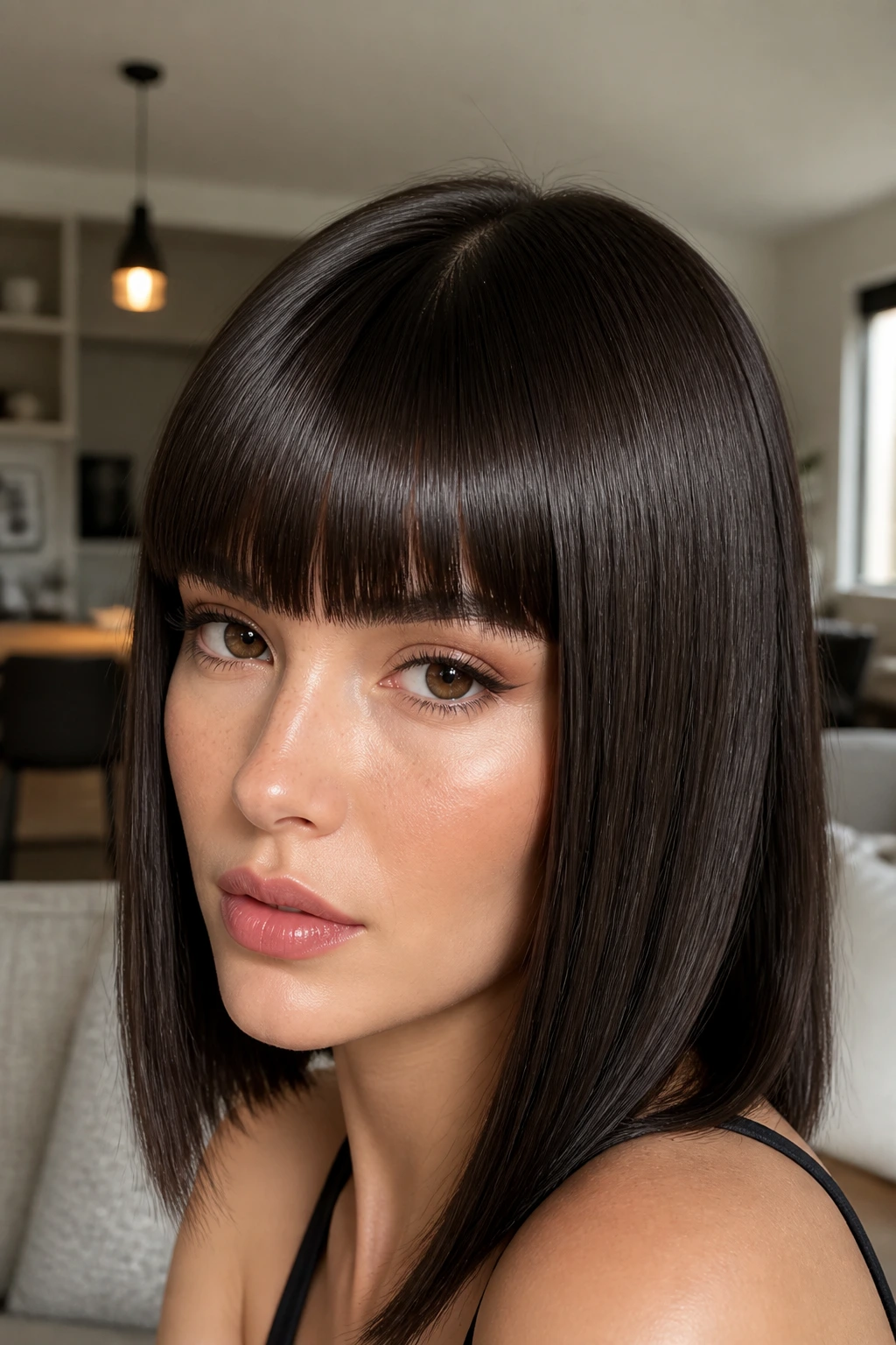 Real woman with sleek glass-like blunt bangs in soft daylight