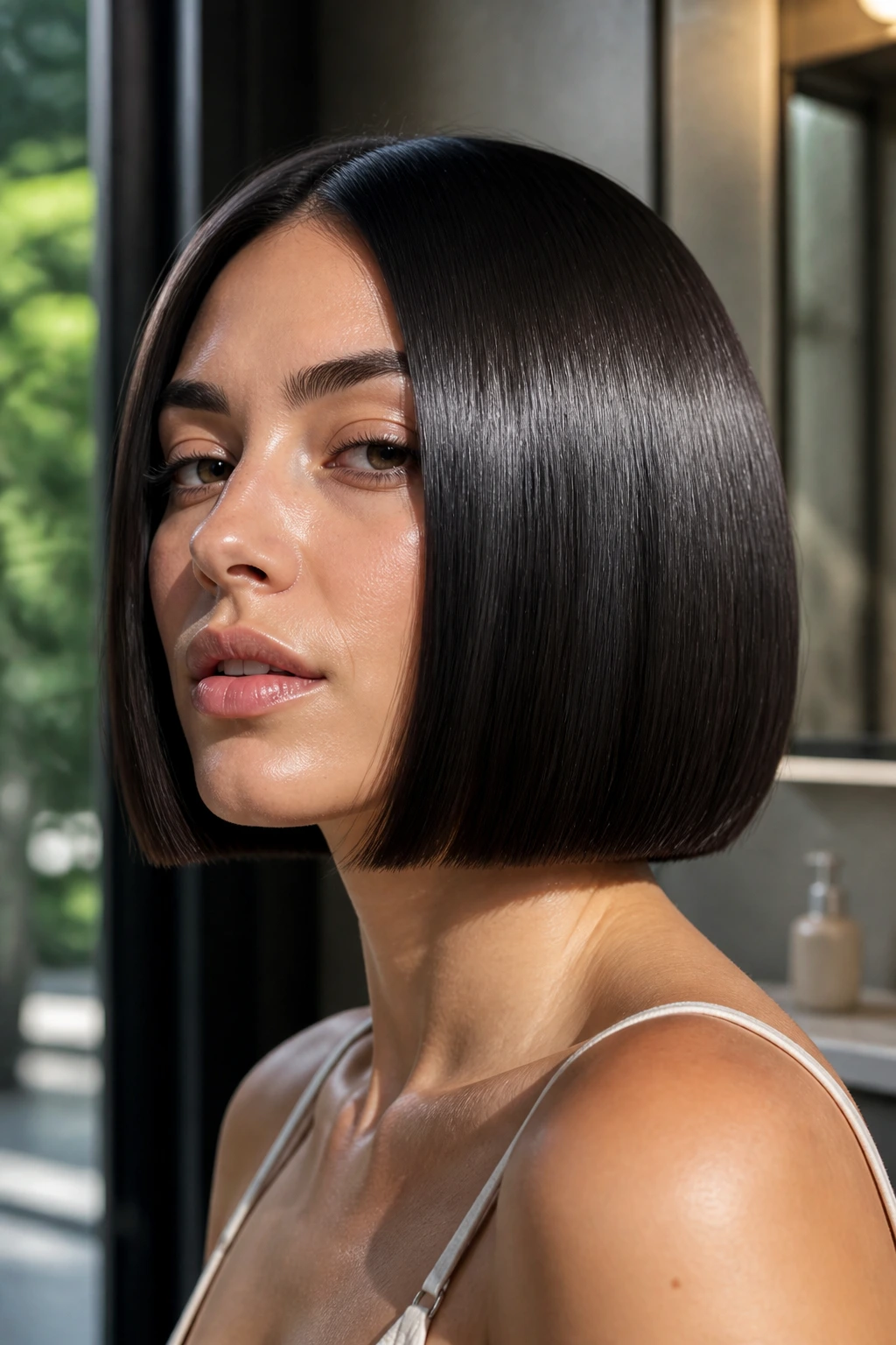 Portrait of a real woman with a chin-length blunt bob and glassy, glossy shine.