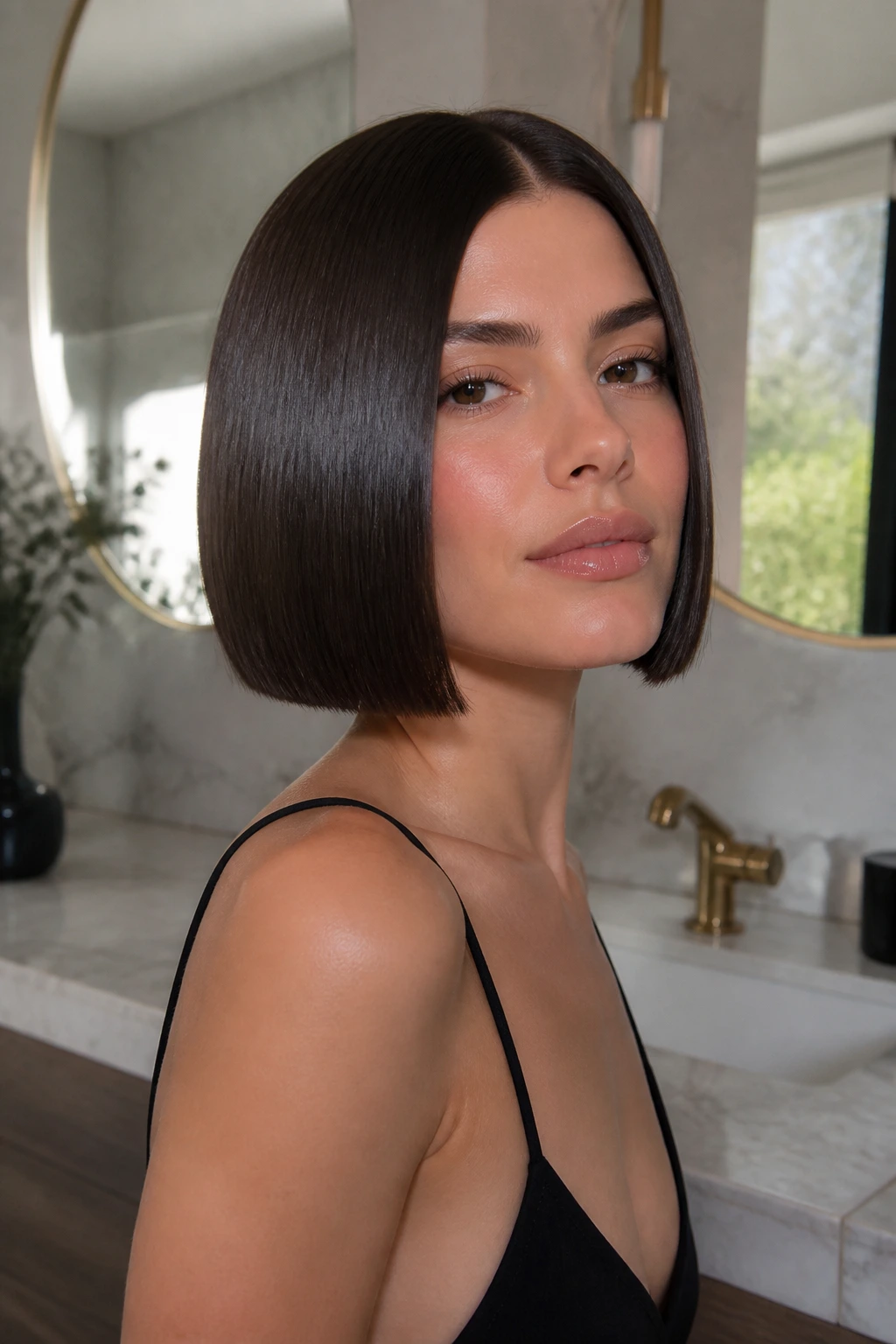 Close-up of a woman with glass hair straight bob and center part, high-gloss chin-length hairstyle