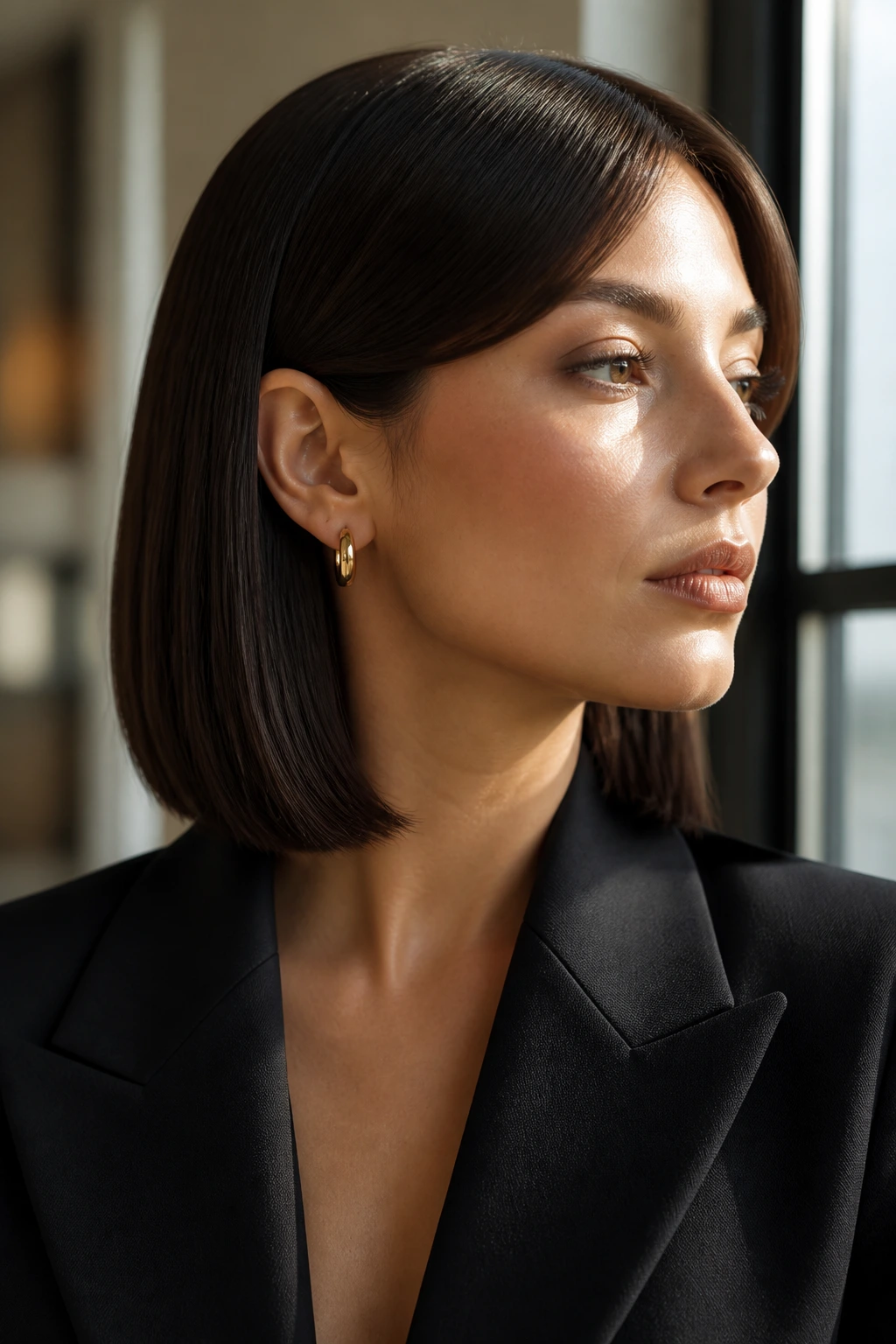 Close-up of a woman with a blunt glass hair bob and curtain bangs in a sunlit interior.