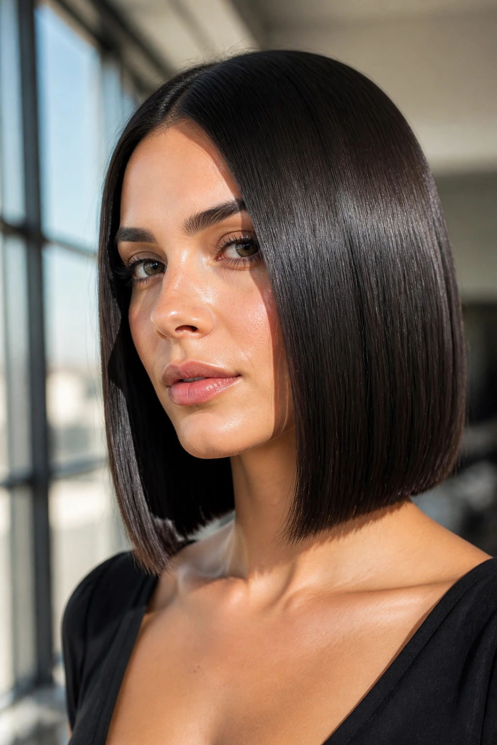 Close-up portrait of a woman with a glass-like glossy straight bob