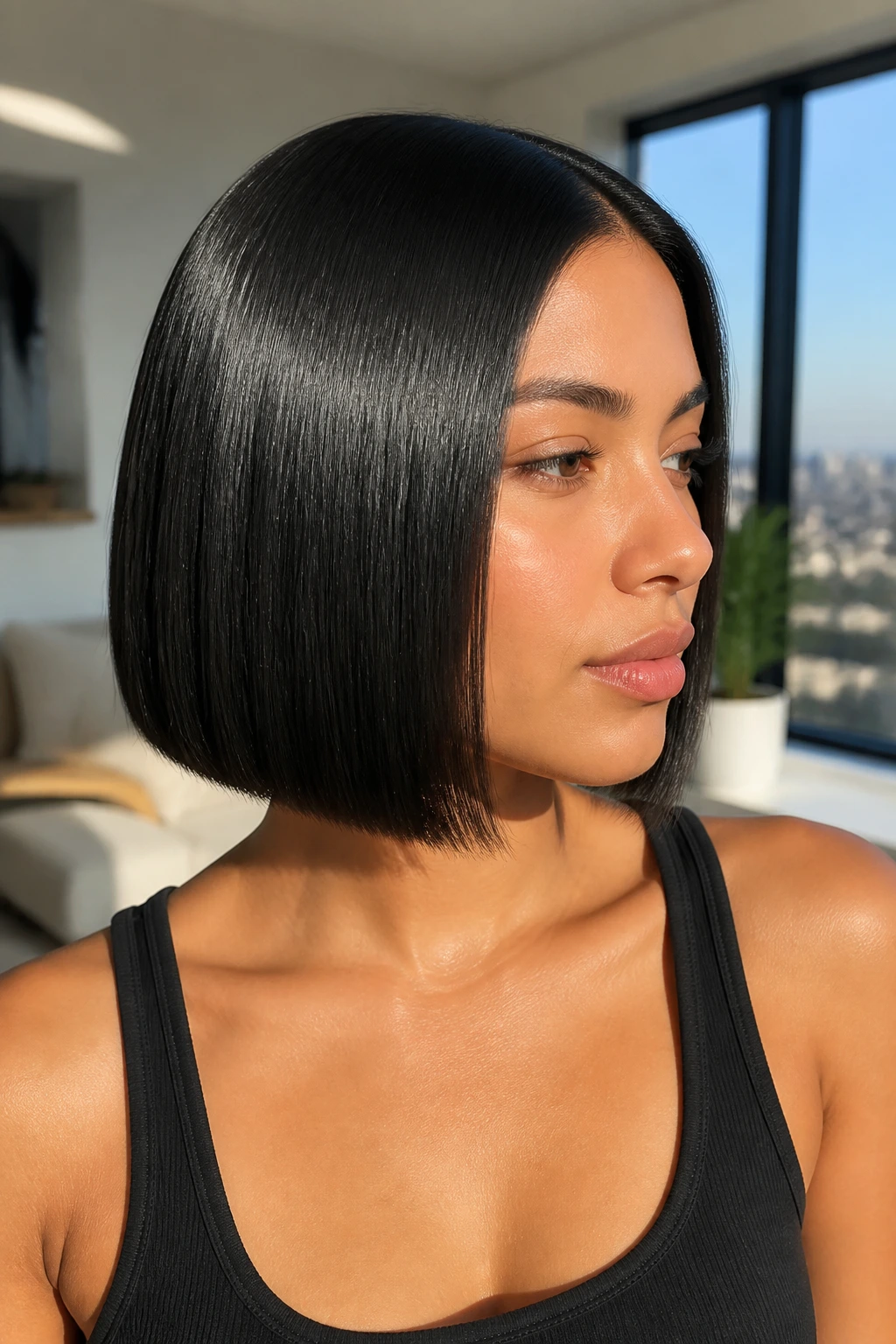 Close-up of a real Latina with a glass hair bob and blunt edges.