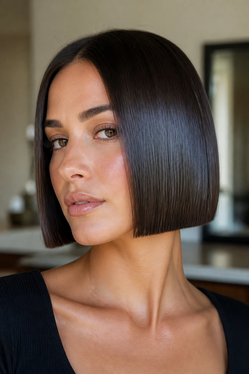 Close-up portrait of a woman with a sleek glass hair bob
