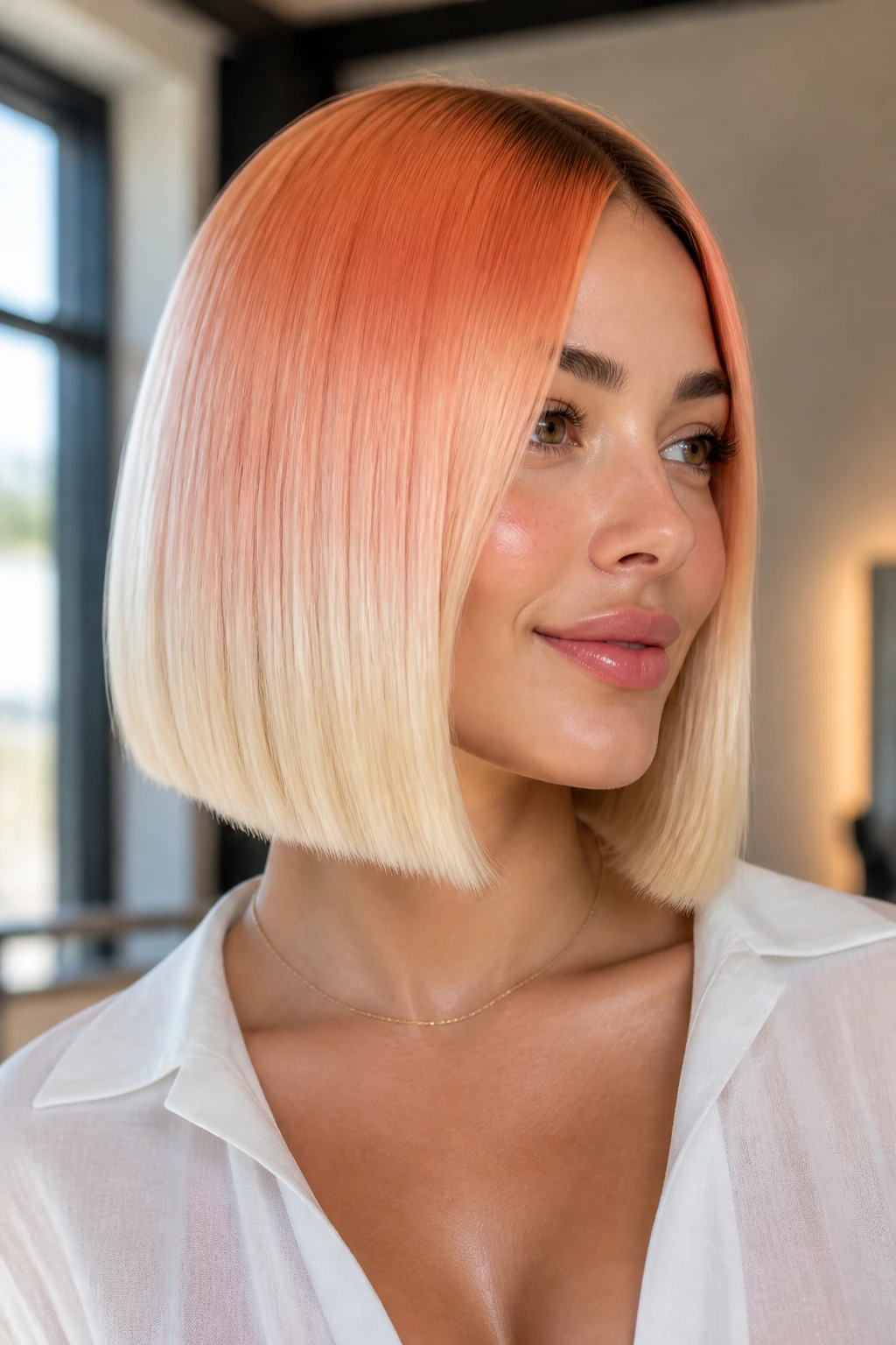 Close-up portrait of a real woman with a sleek glass hair bob in peach to vanilla tones in a salon setting.