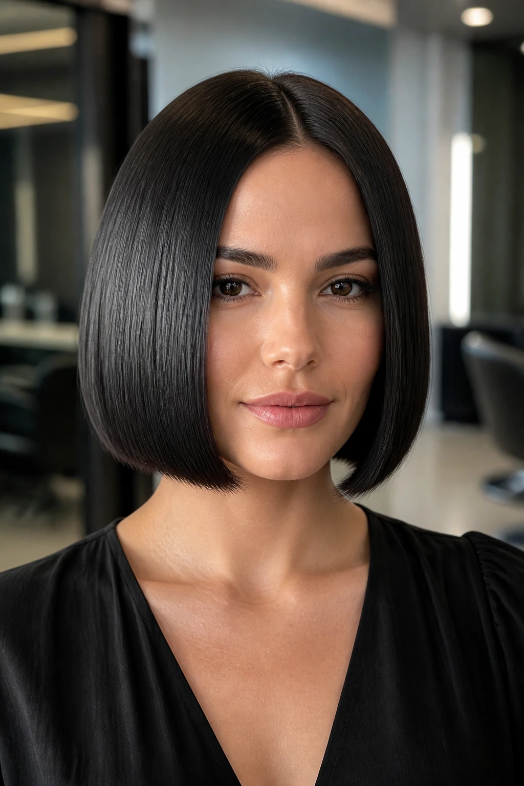 Portrait of woman with sleek glass bob and glossy straight hair
