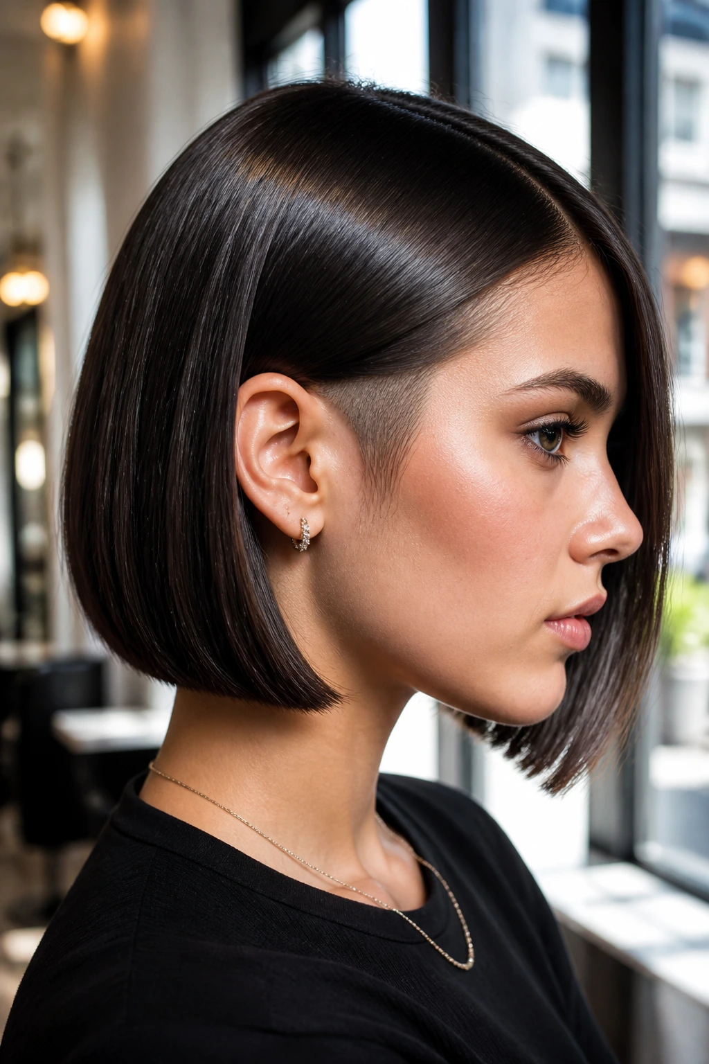 Close-up of a real person with sleek glass hair bob in bright salon