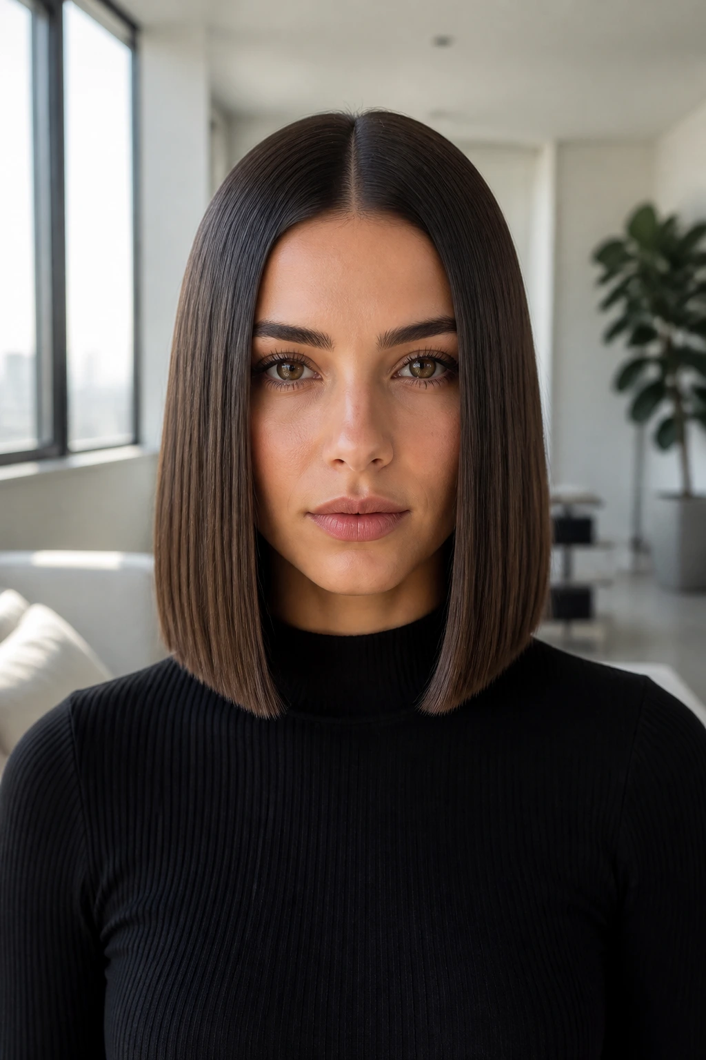 Front portrait of a real woman with symmetrical center-parted glass hair and a shiny, even surface