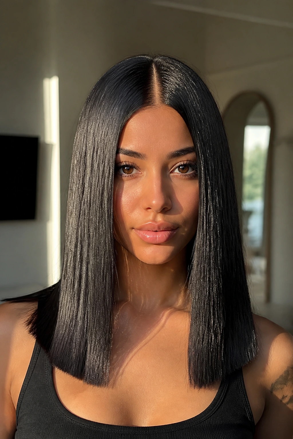 Close-up portrait of a real woman with ultra-sleek center-parted glass hair
