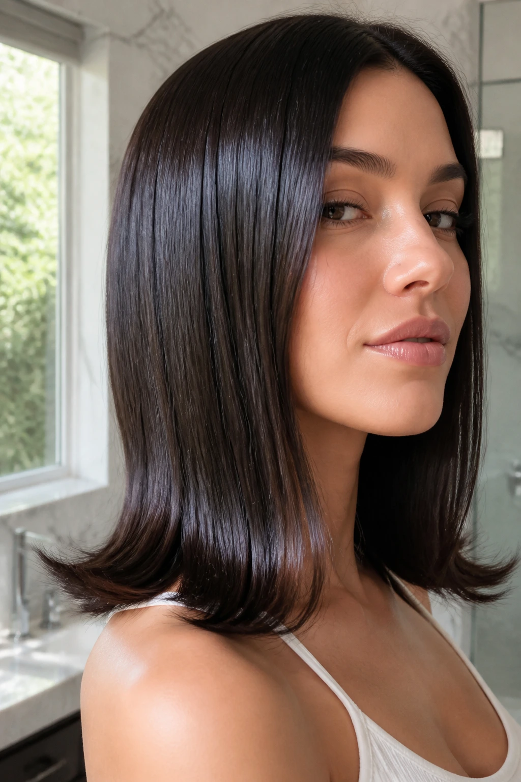 Close-up of a real woman with a glassy hair flip and subtle end flick in natural bathroom light