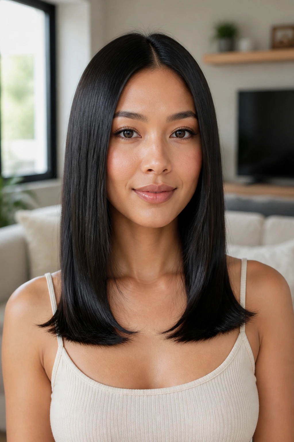 Real woman with glass hair and flipped ends