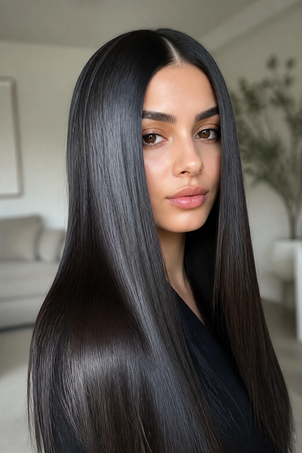 Portrait of a person with glassy, straight hair and a middle part in soft indoor light