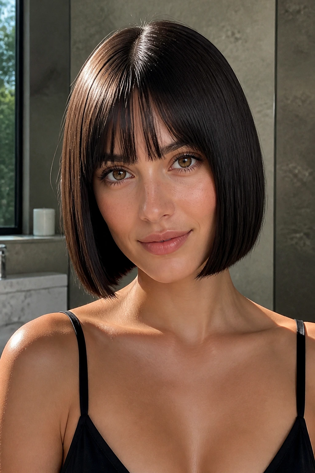 Close-up of real woman with center-parted glass-hair bob and blunt bangs.