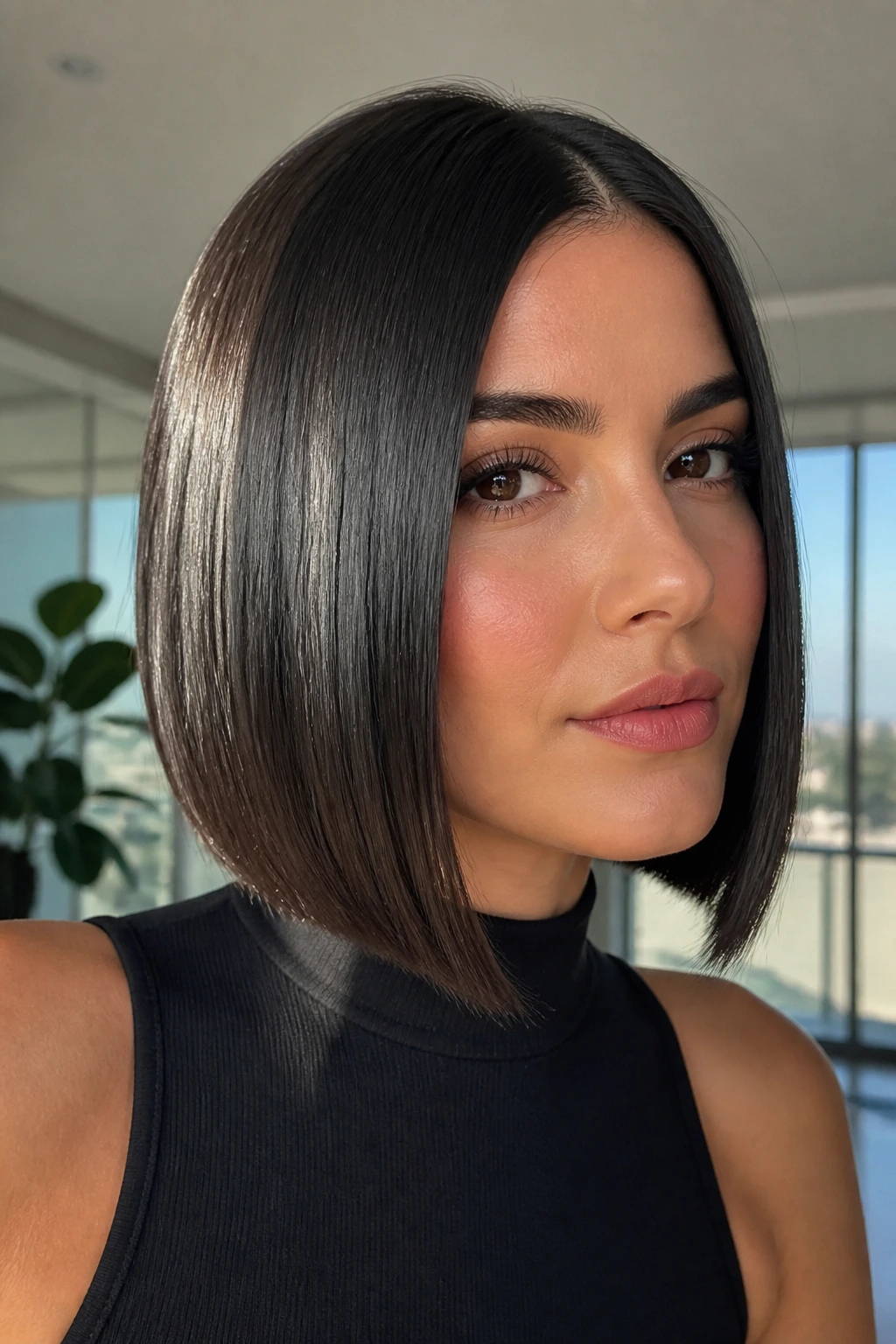 Close-up of a real woman with sleek glass hair inverted lob under natural light