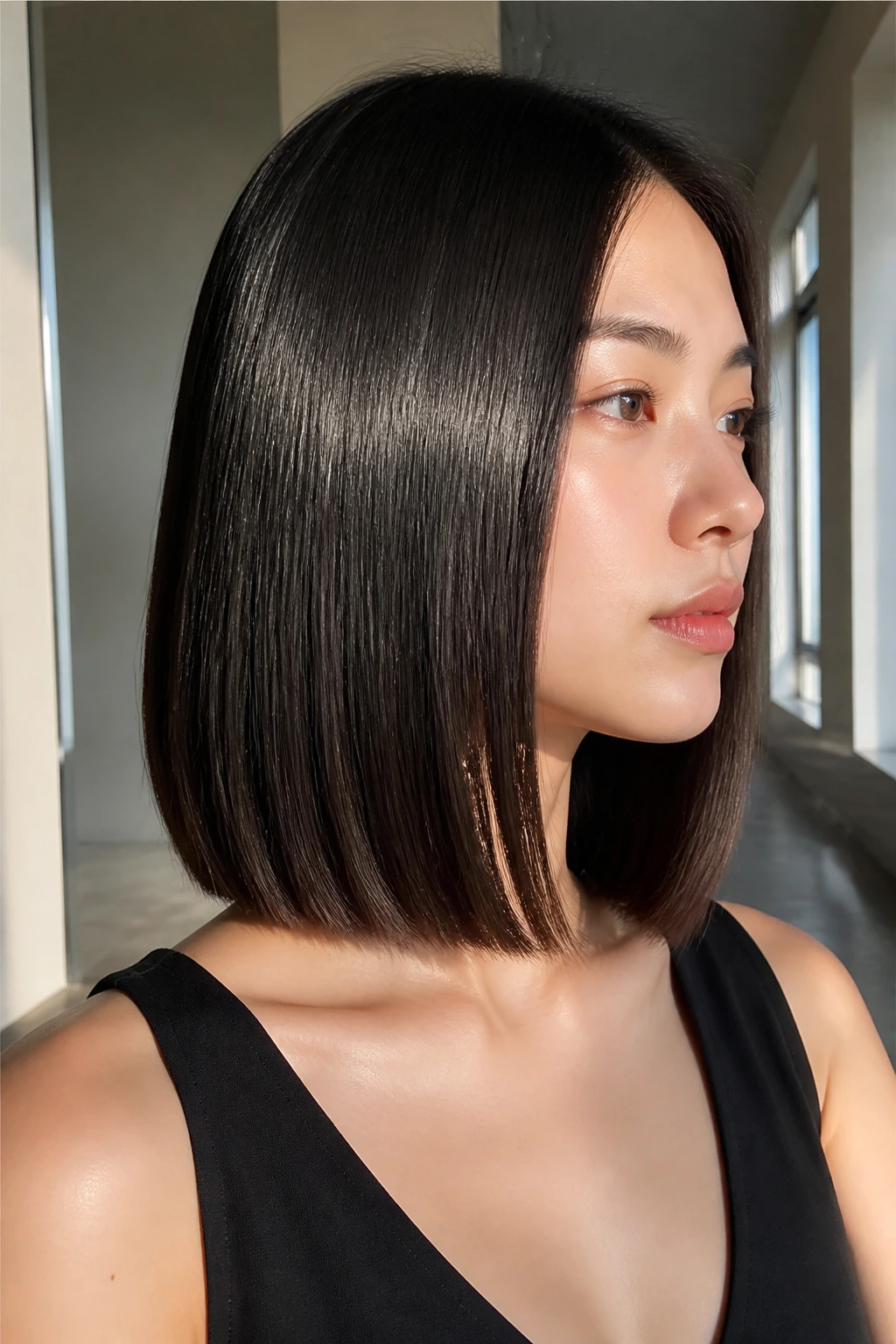 Close-up of a real person with a sleek glass-long bob showing mirror shine in a bright interior