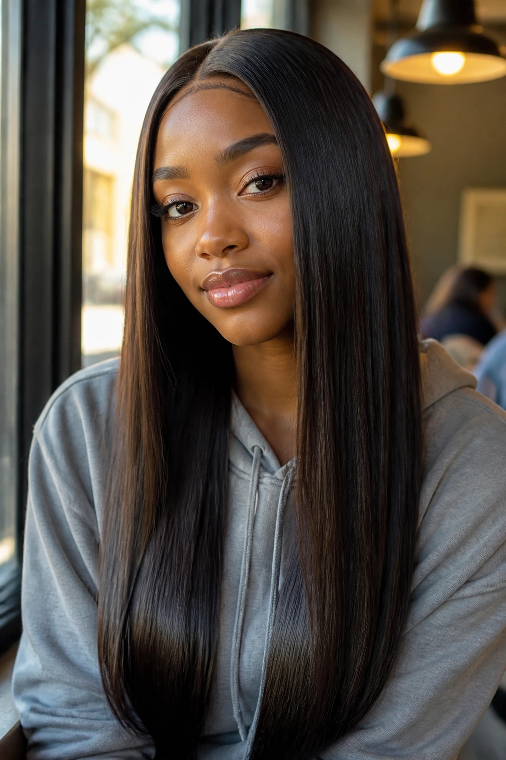 Portrait of a real student with long glass hair wig in cafe window light.